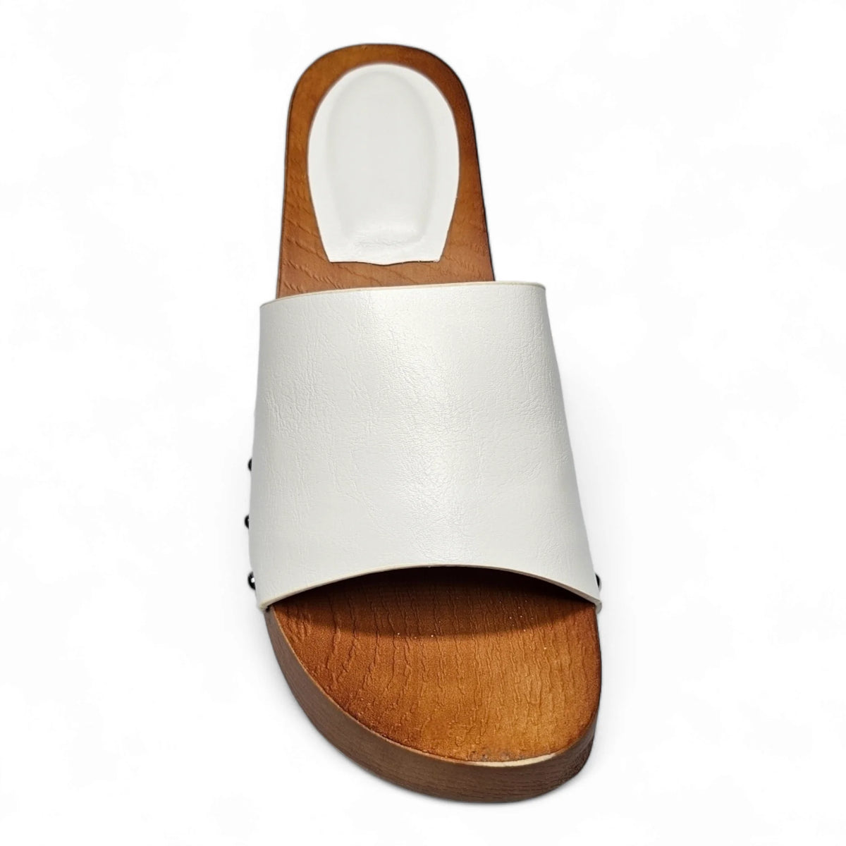 White leather slip-on sandal with wooden sole, perfect wooden open toe clogs