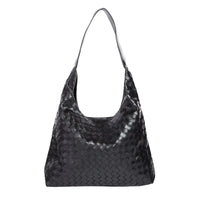 Black woven faux leather tote bag with shoulder strap and separate pouch