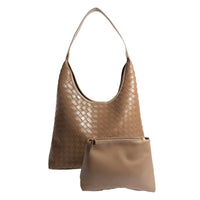 Woven faux leather tote bag in taupe with matching accessory pouch for stylish convenience