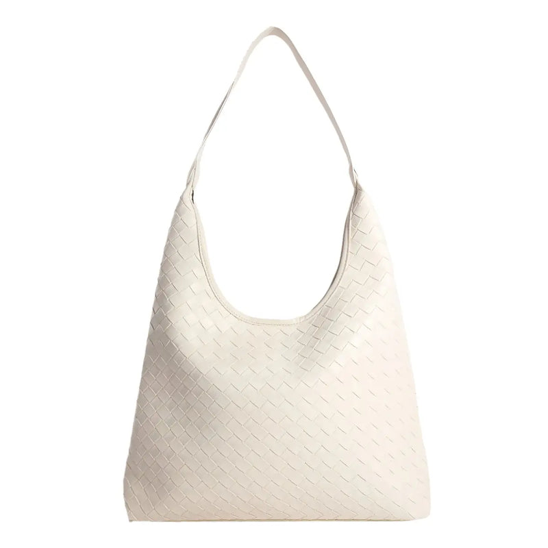 Cream-colored woven faux leather tote bag with a curved shoulder strap and pouch