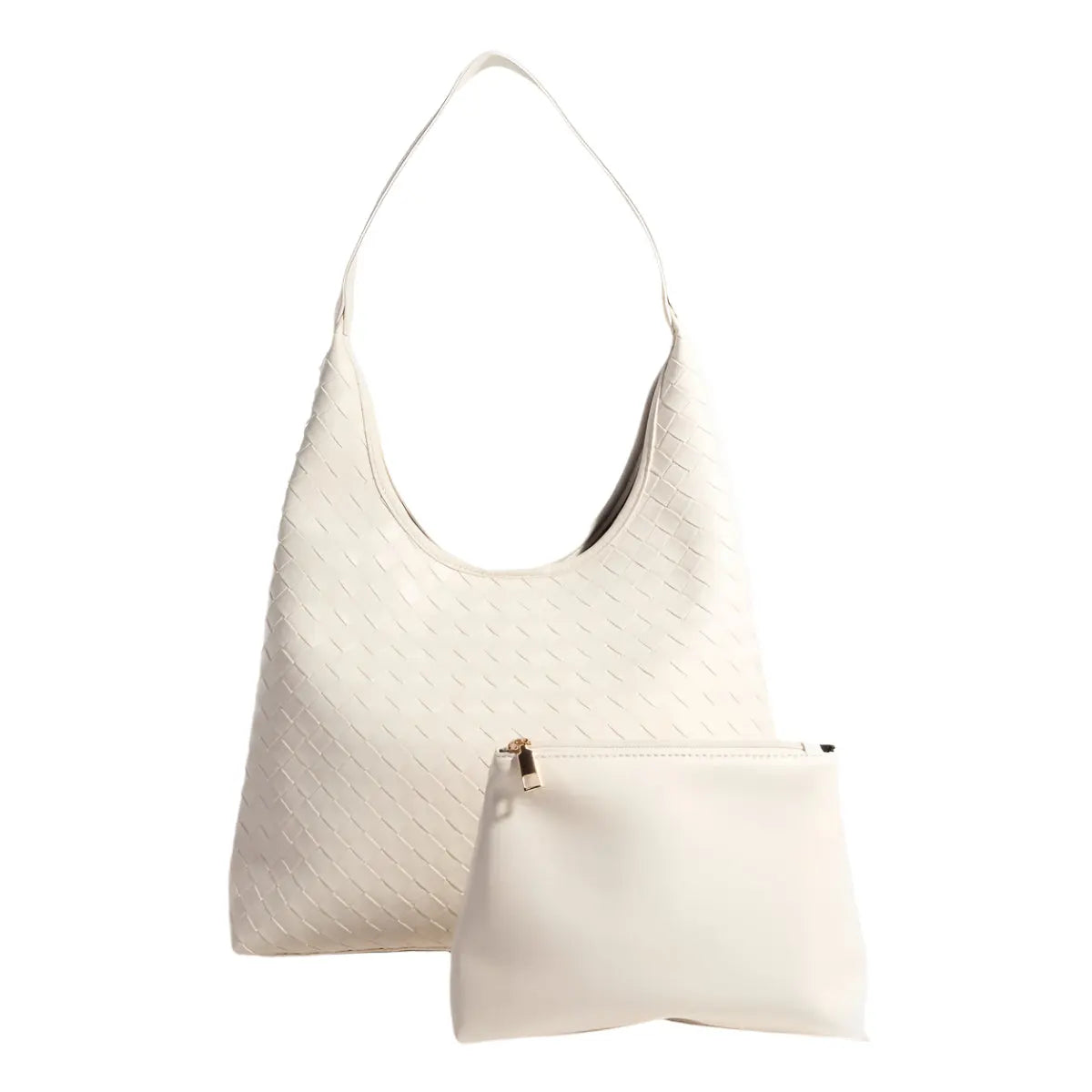 White faux leather tote bag with a matching detachable pouch for stylish organization