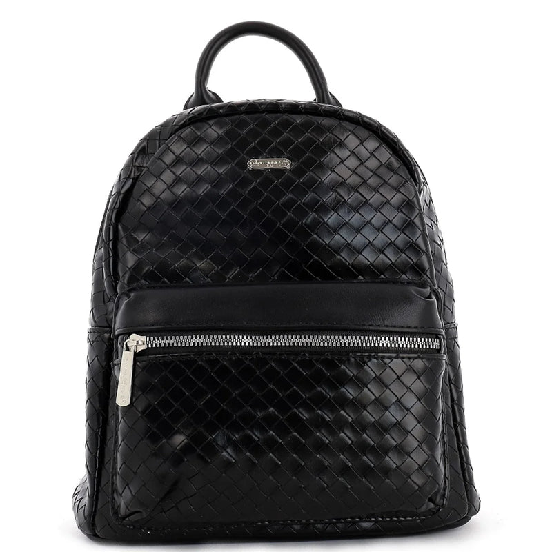 Black leather woven backpack with a stylish pattern and silver zipper details