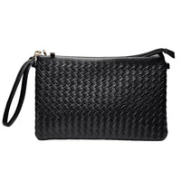 Black woven leather clutch crossbody bag with a wrist strap for stylish convenience