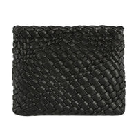 Black woven leather wallet featuring basketweave pattern for Woven Clutch Crossbody