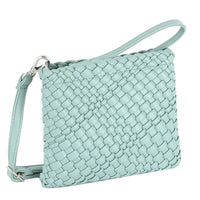 Mint green woven clutch crossbody bag with a thin strap for stylish hands-free use