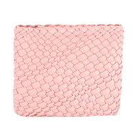 Pink woven clutch crossbody bag featuring an intricate basketweave pattern