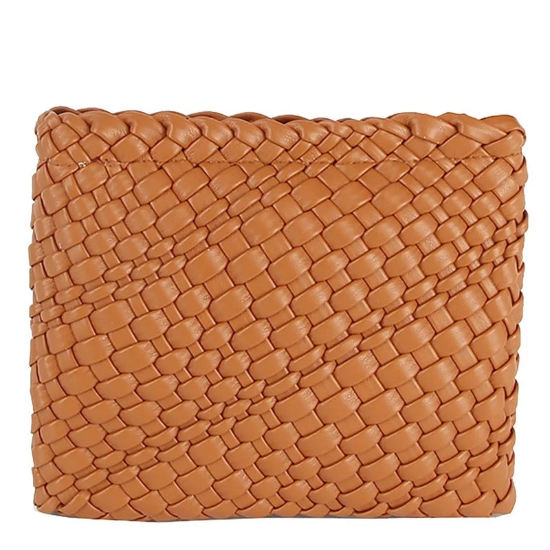 Tan leather wallet with woven pattern in Woven Clutch Crossbody Bag design