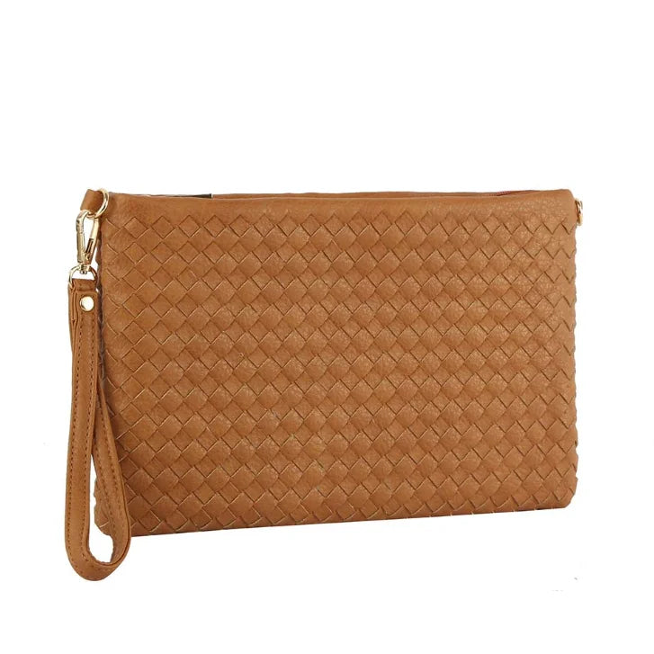 Tan leather woven clutch crossbody bag with wrist strap and stylish pattern