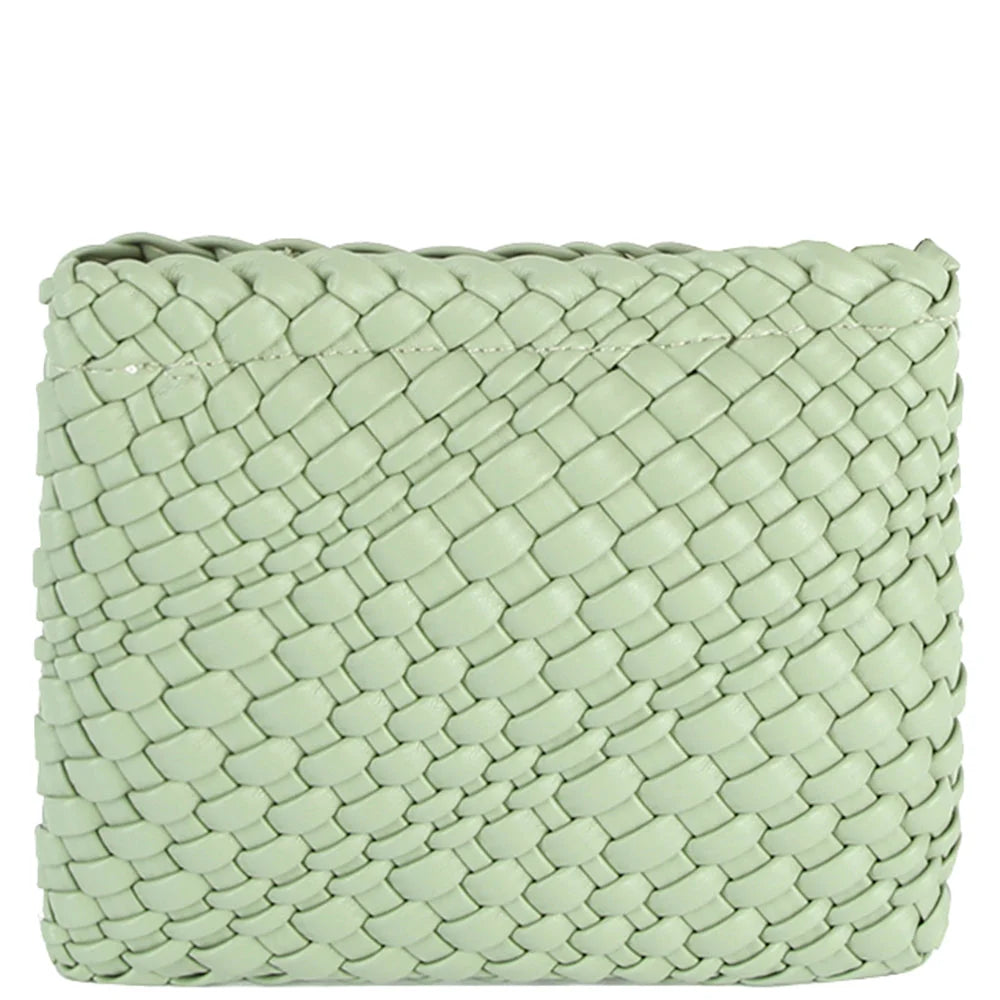 Pale green woven clutch crossbody bag with textured basketweave pattern