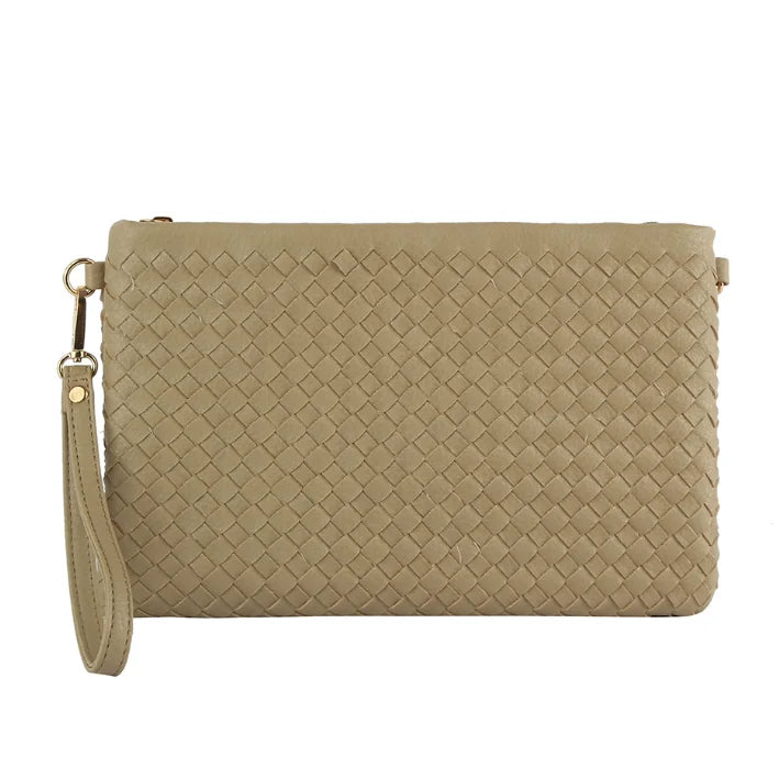 Beige woven leather clutch purse with wrist strap for woven clutch crossbody style