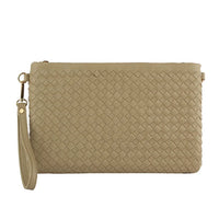 Beige woven leather clutch purse with wrist strap for woven clutch crossbody style