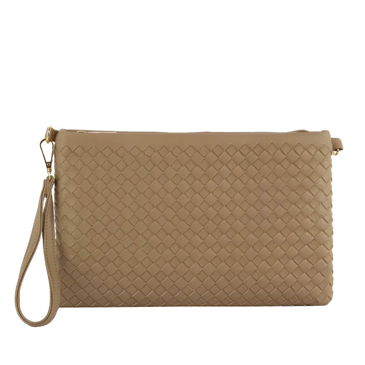 Beige woven leather clutch crossbody bag with wrist strap for stylish convenience