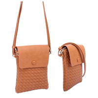 Tan leather woven crossbody bag with a stylish flap closure and intricate pattern