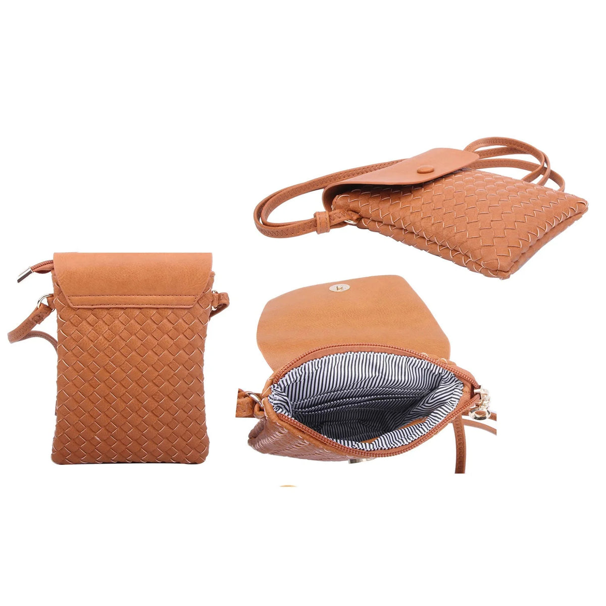 Tan leather woven crossbody bag with quilted pattern and striped interior lining