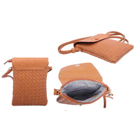 Tan leather woven crossbody bag with quilted pattern and striped interior lining