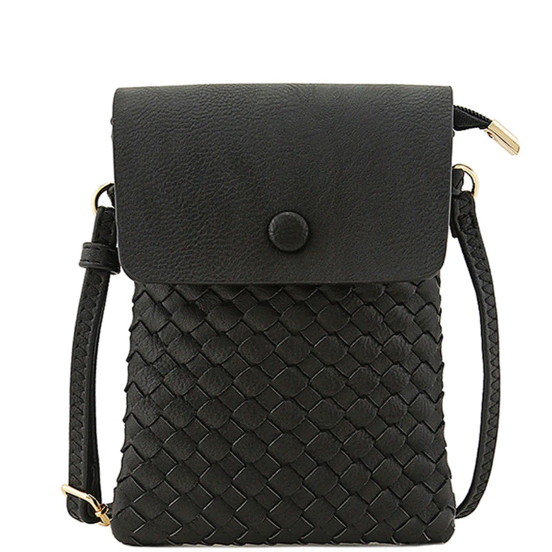 Black woven leather crossbody bag with flap closure ideal for stylish everyday use