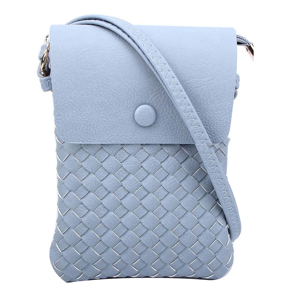 Light blue woven crossbody bag with flap closure, perfect for stylish on-the-go use