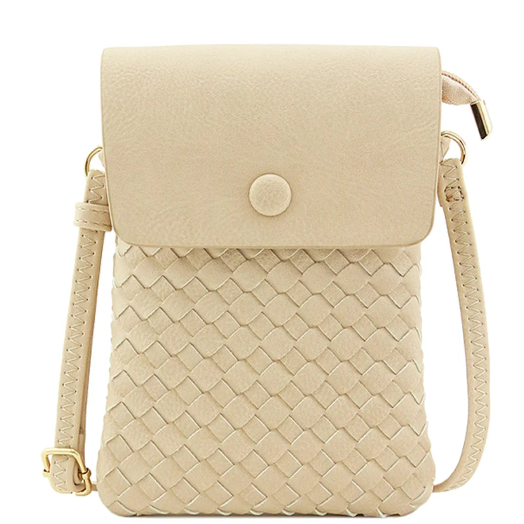 Beige woven crossbody bag featuring a stylish flap closure for everyday use