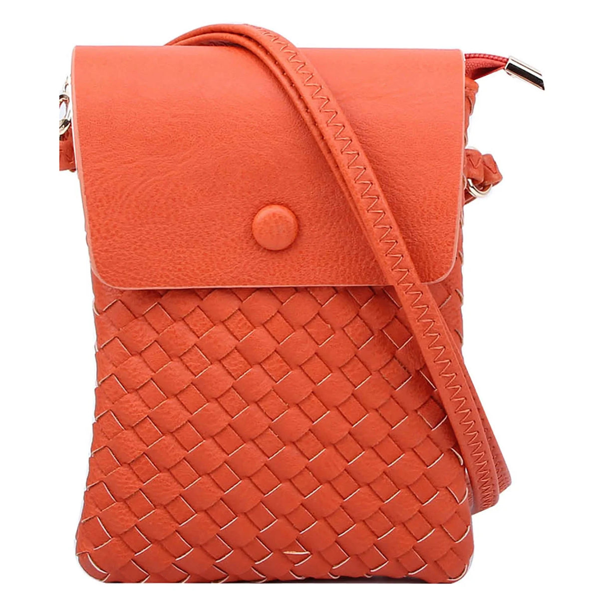 Orange woven crossbody bag with flap closure for stylish everyday use