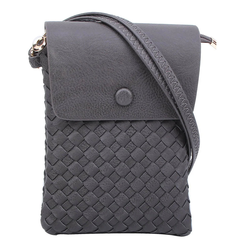 Gray leather woven crossbody bag with textured pattern for stylish everyday use