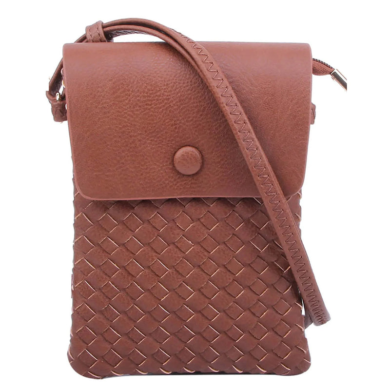 Brown leather woven crossbody bag featuring a stylish woven pattern on the lower portion