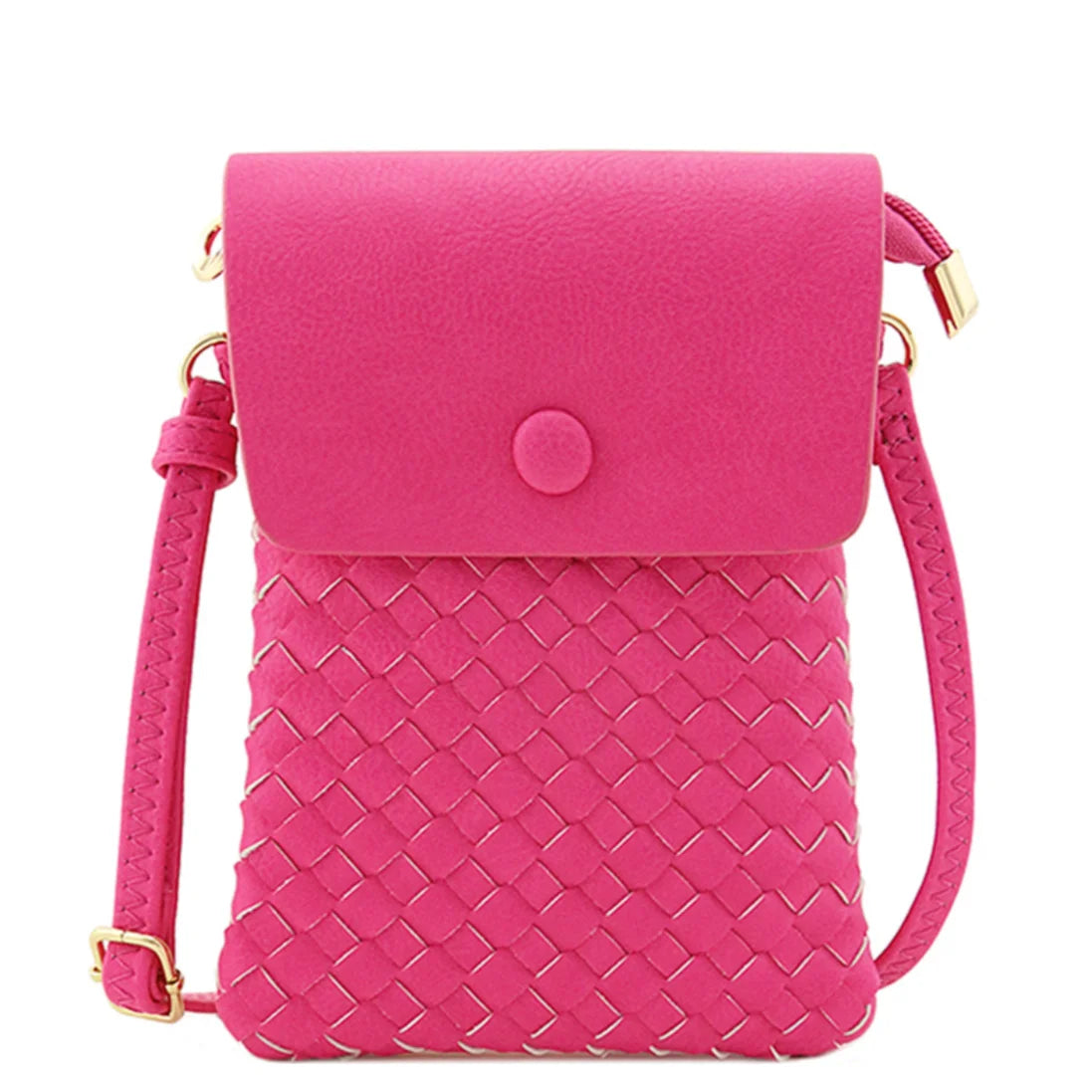 Bright pink woven crossbody bag with flap closure, perfect for stylish outings