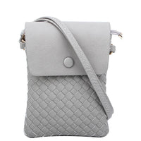 Light gray leather woven crossbody bag with a stylish woven pattern detail