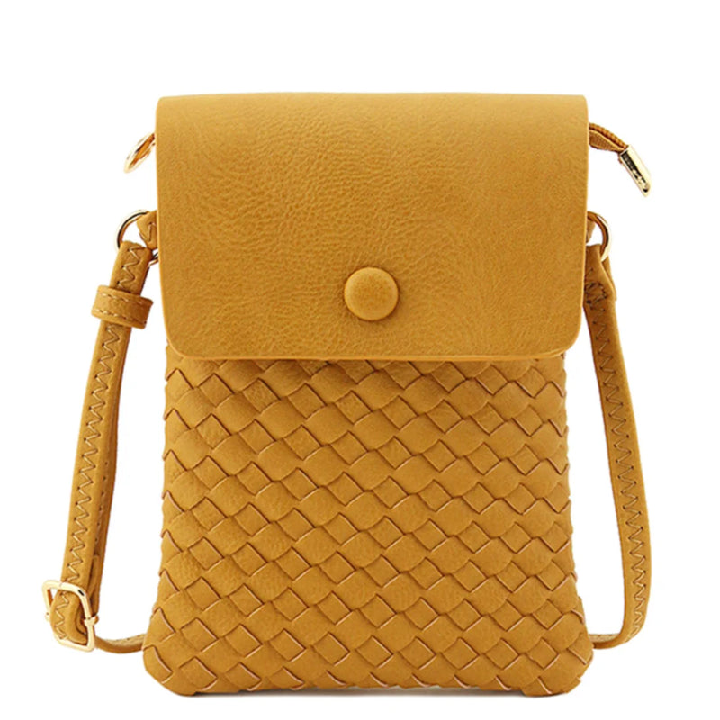 Yellow leather woven crossbody bag with flap closure and stylish woven pattern