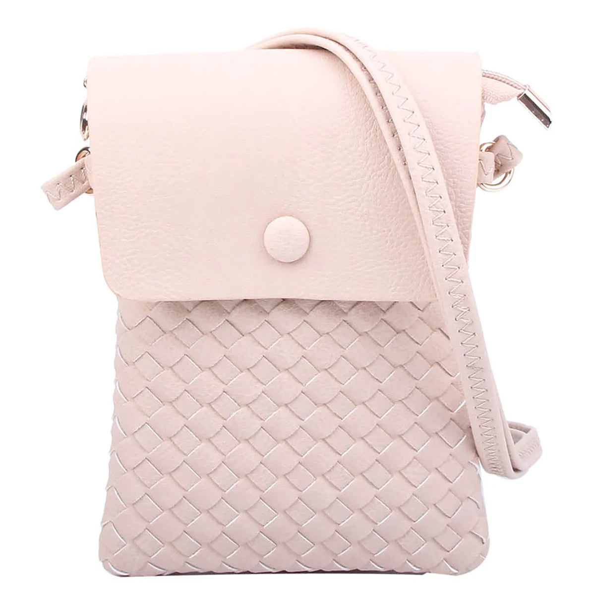 Pale pink woven crossbody bag with a woven pattern and button closure