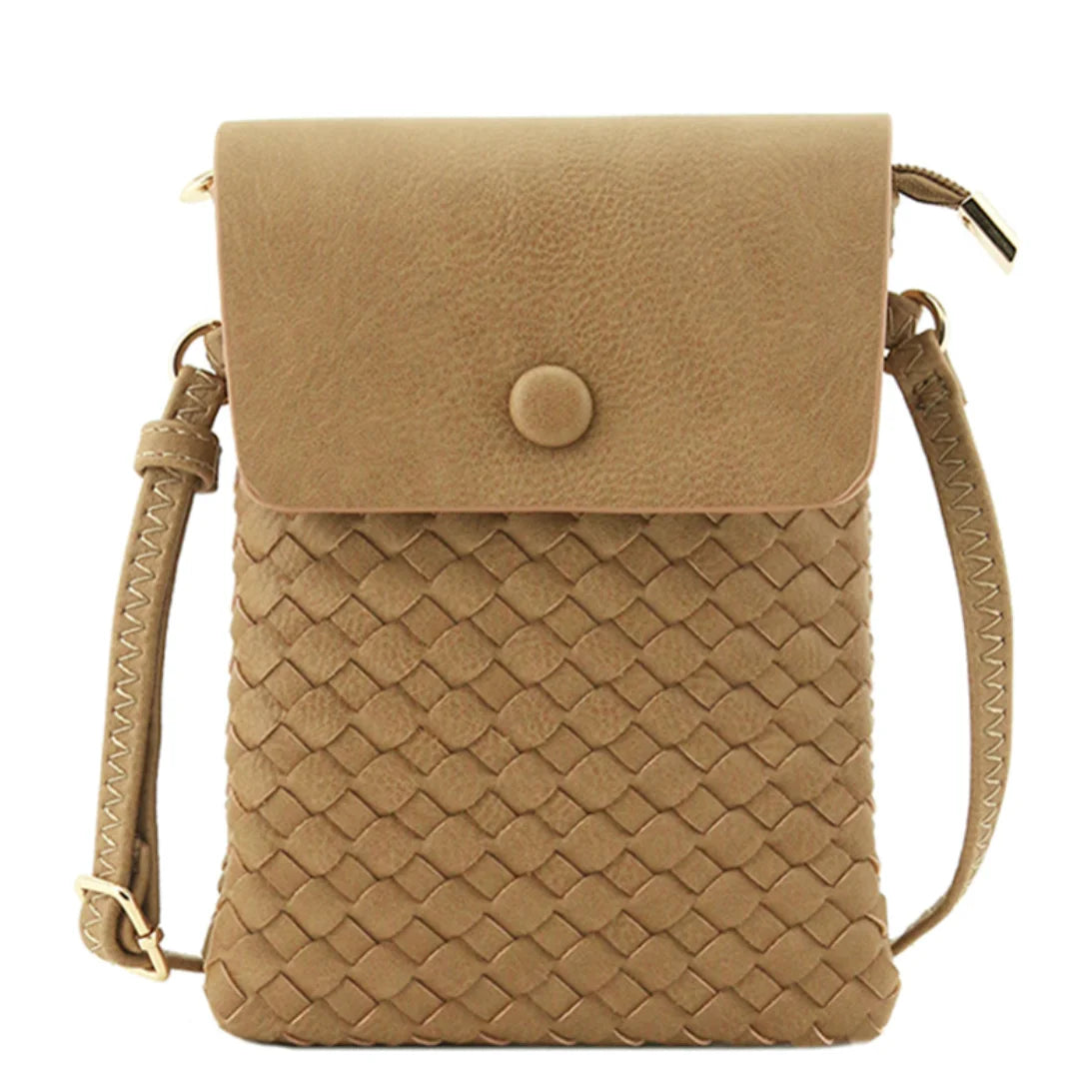 Beige leather woven crossbody bag with a stylish pattern and flap closure