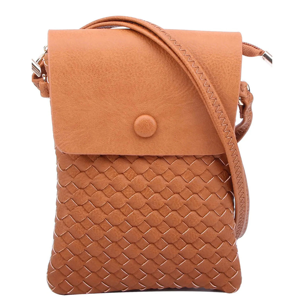 Tan leather woven crossbody bag featuring a stylish woven pattern design