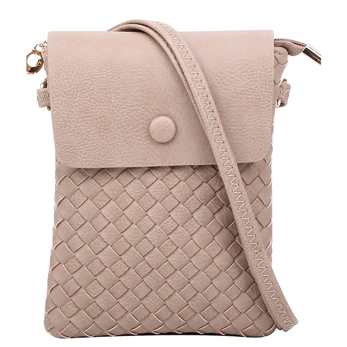 Pale pink woven crossbody bag with a stylish pattern for everyday use