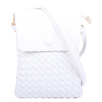 White quilted leather woven crossbody bag with stylish flap closure