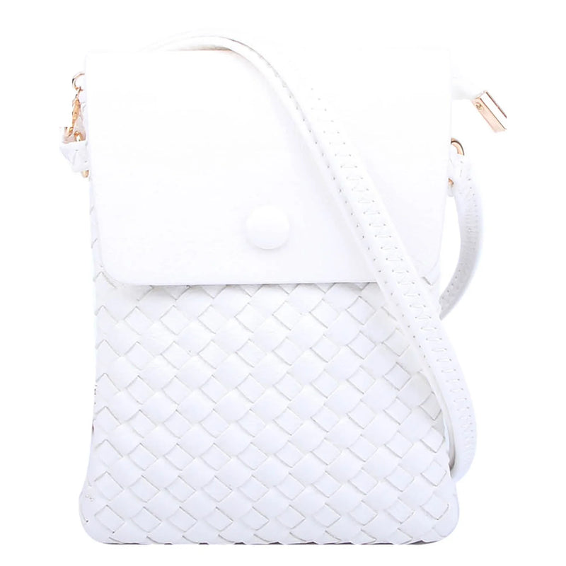 White quilted leather woven crossbody bag with stylish flap closure