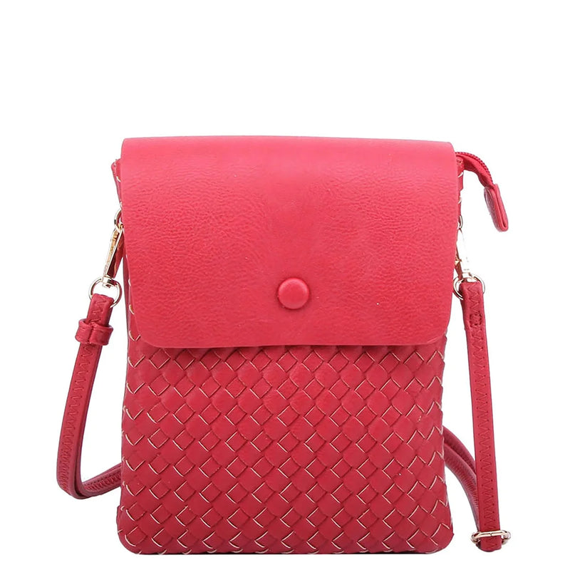 Red crossbody bag featuring a woven pattern in a stylish flapover design