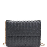 Black woven leather clutch purse with detachable chain strap and stylish design