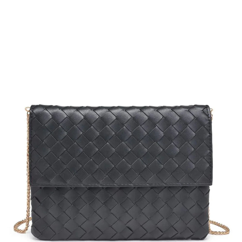 Black woven leather clutch purse with detachable chain strap and stylish design