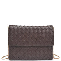 Brown vegan leather Woven Ivy Clutch Bag with woven design and detachable chain strap