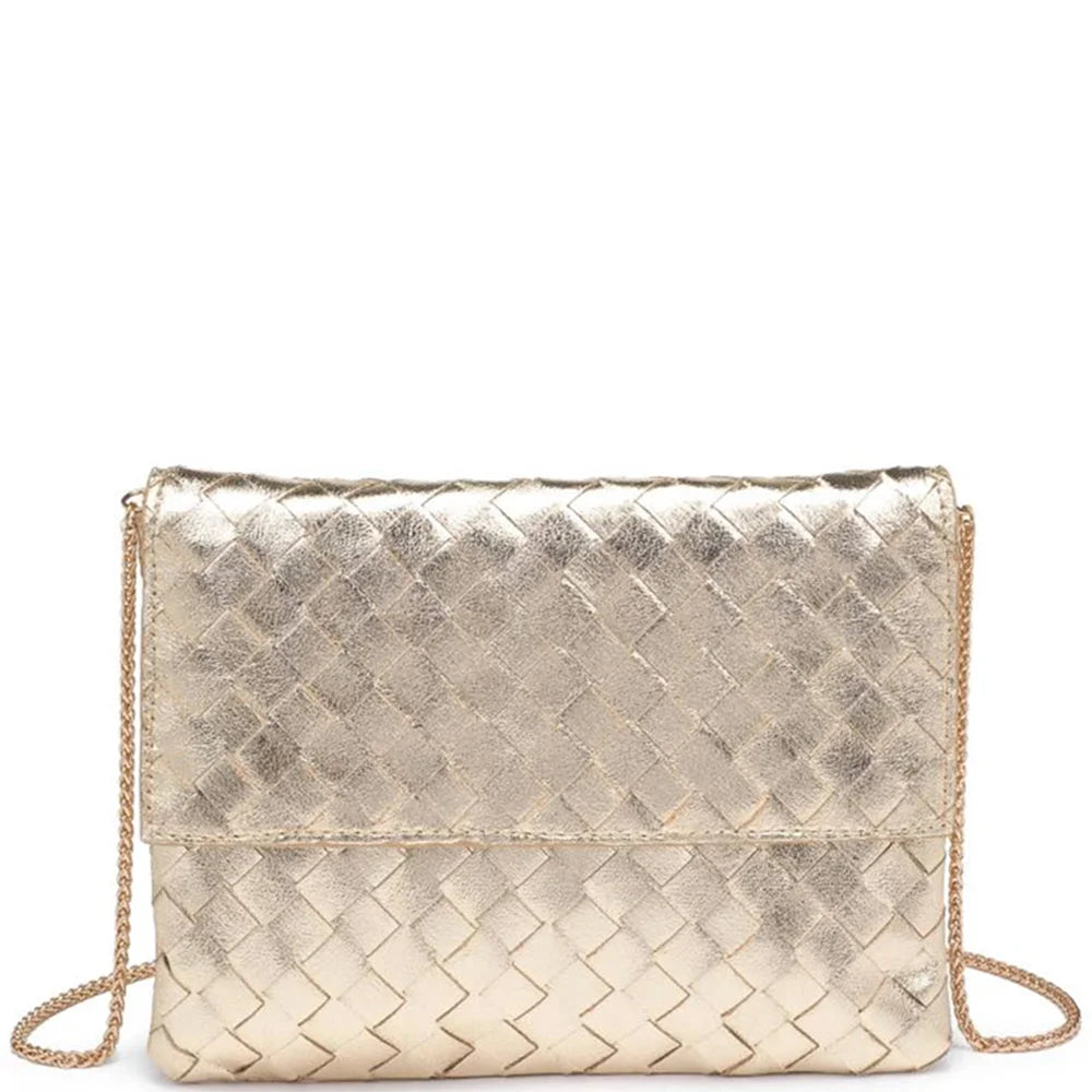 Metallic gold Woven Ivy Clutch Bag in vegan leather with detachable chain strap