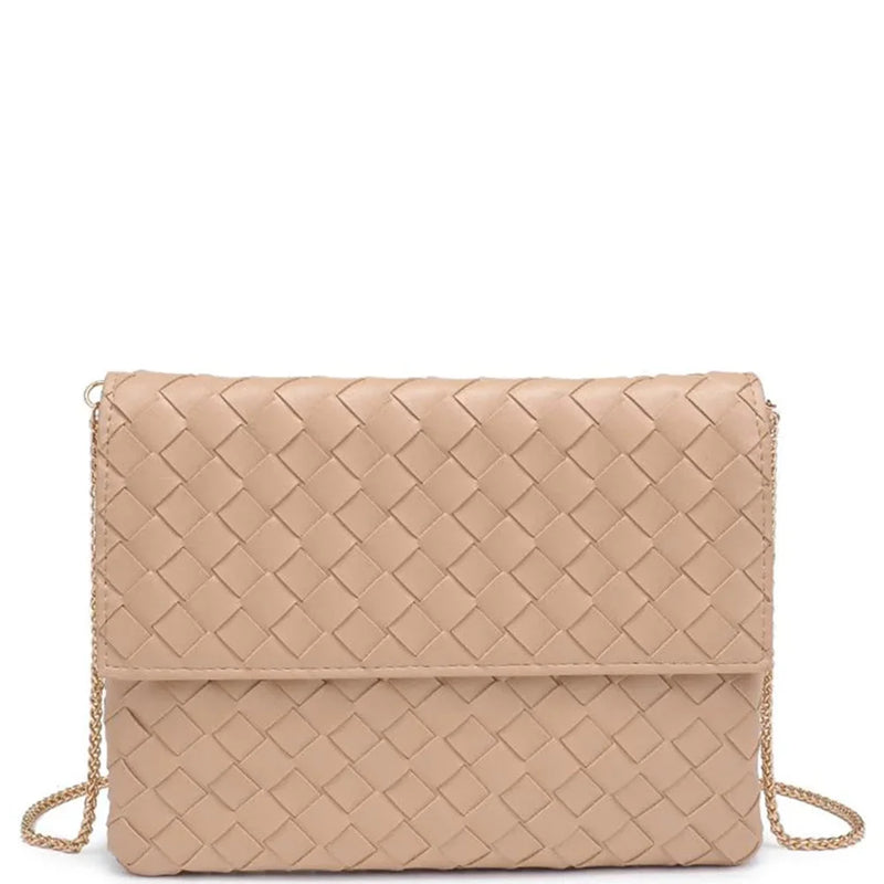 Beige woven leather clutch purse with detachable chain strap and vegan leather design