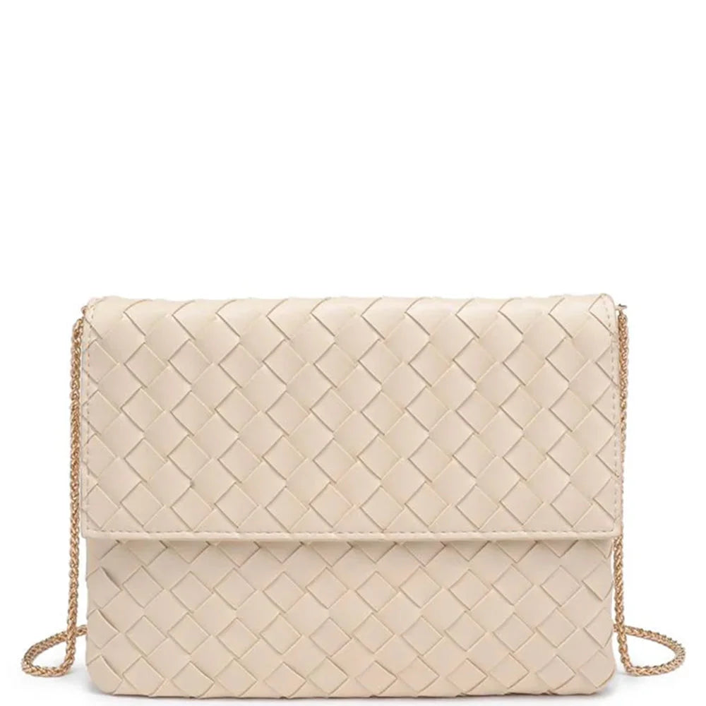 Cream-colored Woven Ivy Clutch Bag in vegan leather with a detachable chain strap