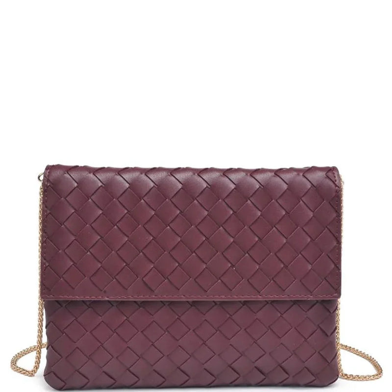 Burgundy vegan leather Woven Ivy Clutch Bag with a detachable chain strap and woven design