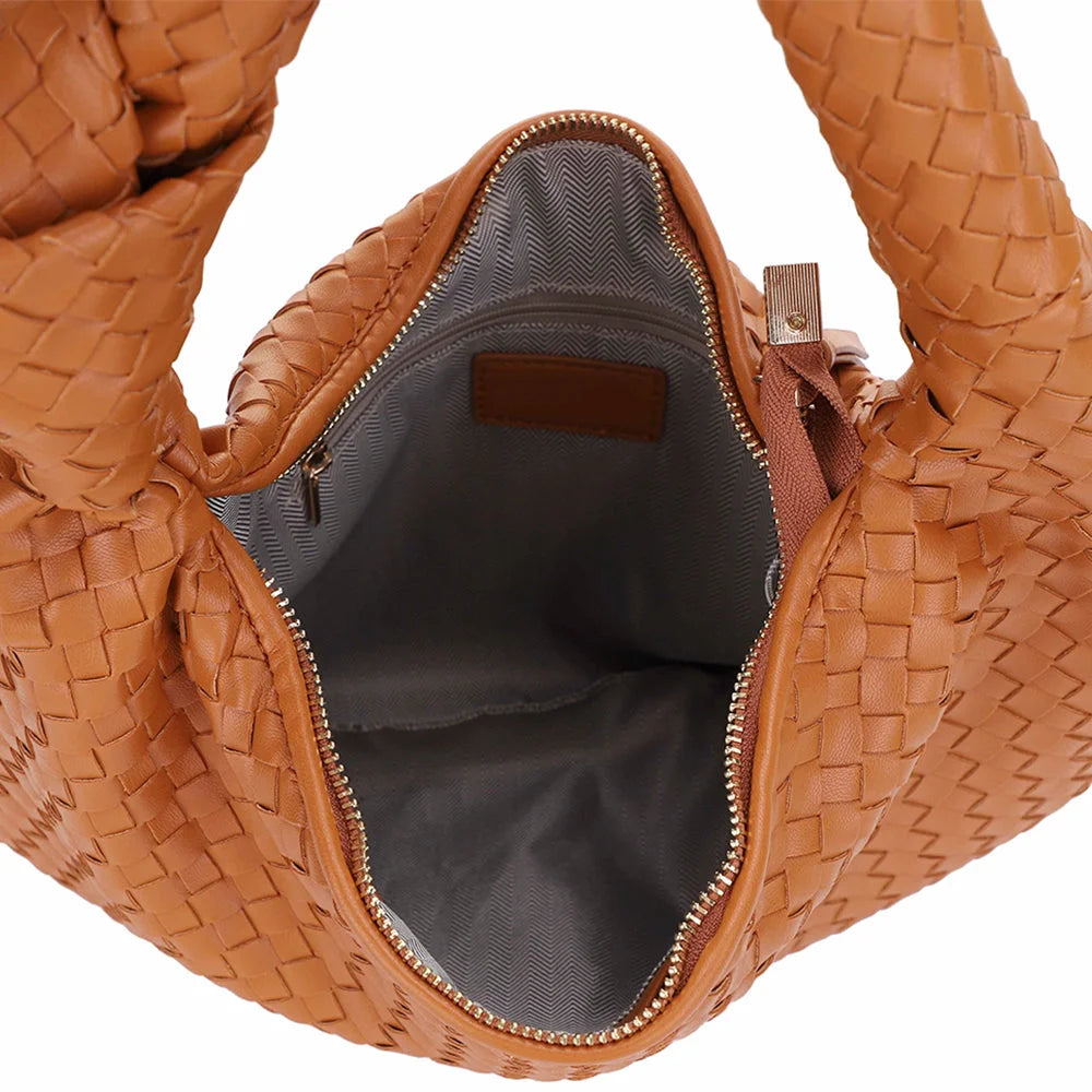 Woven Knot Shoulder Bag with open zipper showcasing gray interior lining