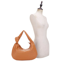 Tan leather Woven Knot Shoulder Bag featuring a stylish woven texture and curved shape