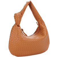 Tan woven leather hobo bag with a curved shape and knotted strap for stylish use