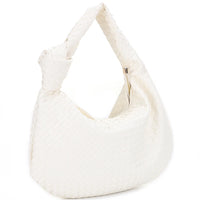 White plush woven knot shoulder bag with curved shape and single strap