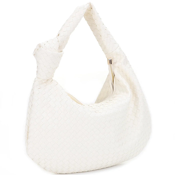 White plush woven knot shoulder bag with curved shape and single strap