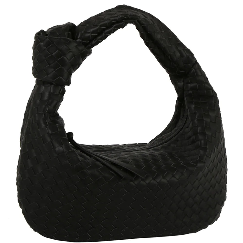 Black woven knotted hobo bag with a stylish knotted strap for trendy fashion