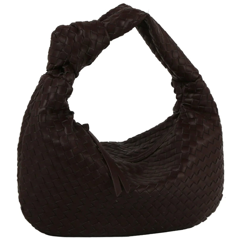 Dark brown woven knotted hobo bag with a stylish knotted shoulder strap