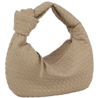 Beige woven knotted hobo bag featuring a stylish knotted shoulder strap